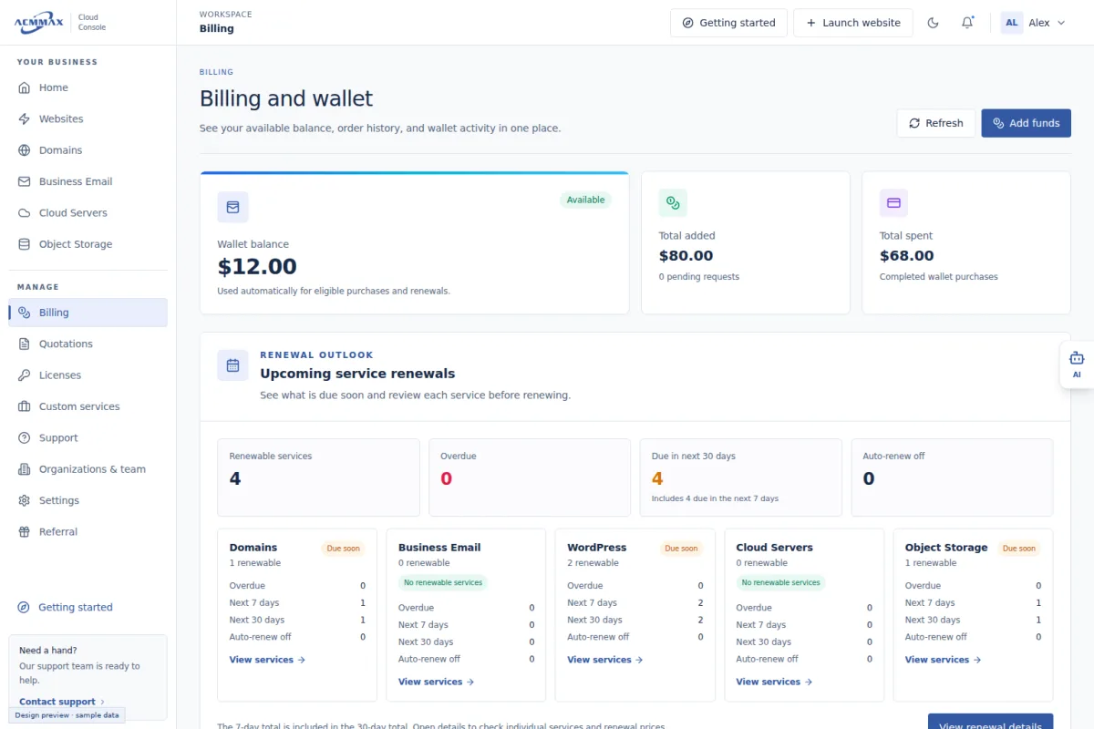ACMMAX Cloud Console Billing and wallet view showing sample balance and upcoming service renewals