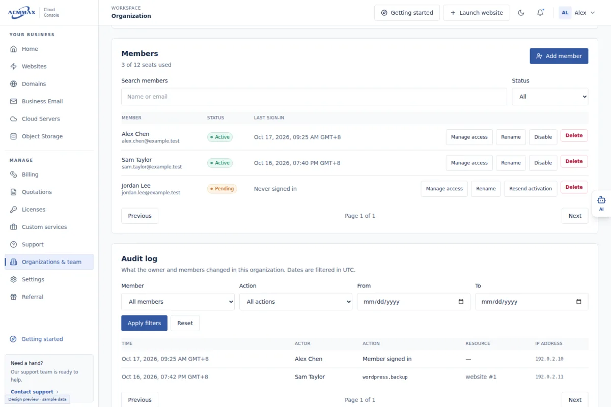 ACMMAX Cloud Console organization Members & permissions view showing sample team members and access-management actions